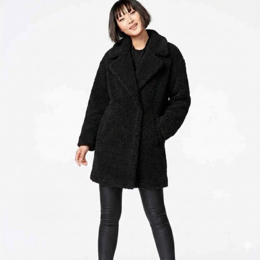 NWT Betsey Johnson Black Boucle Wool Blend - Heavy Black Pea Coat - Mid Length